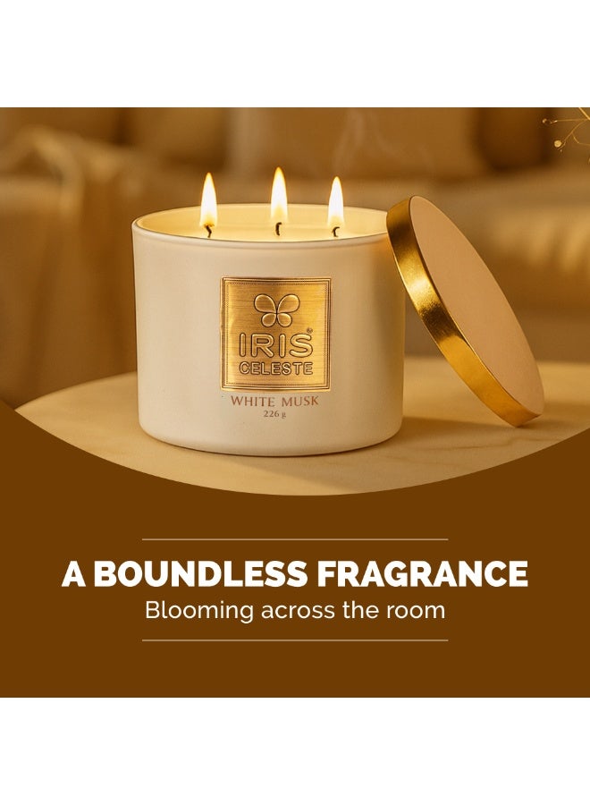 IRIS CELESTE White Musk Jar Candle with lid - 226grams, 3 Wick Scented Candle 8oz | Soft Musky Fragrance | Perfect for Festivites & Gifting, Ceremonies, Meditation & Room Perfuming - Image 4